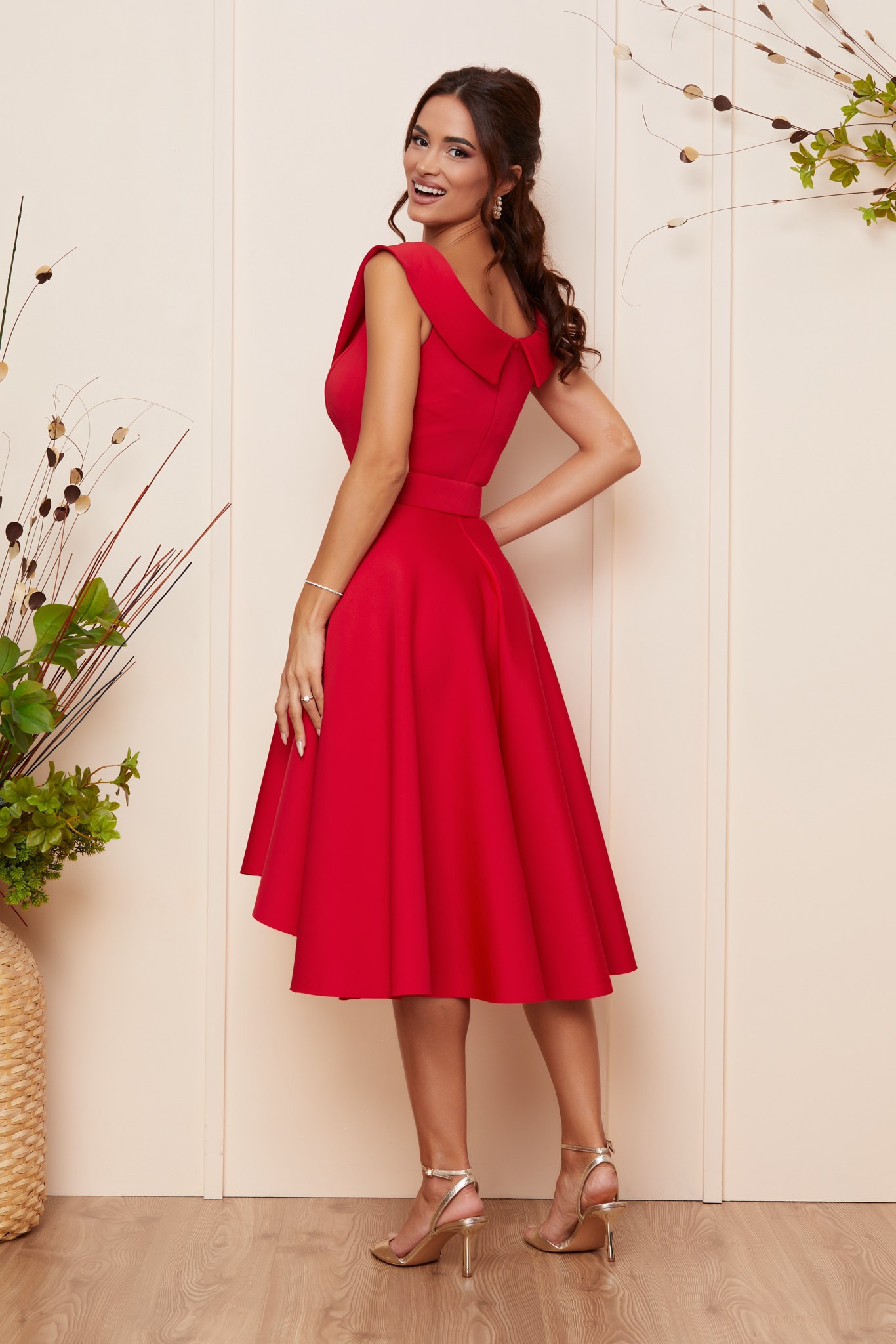 Κόκκινο Μίντι Ασύμμετρο Βραδινό Φόρεμα Patrizia T4539 2