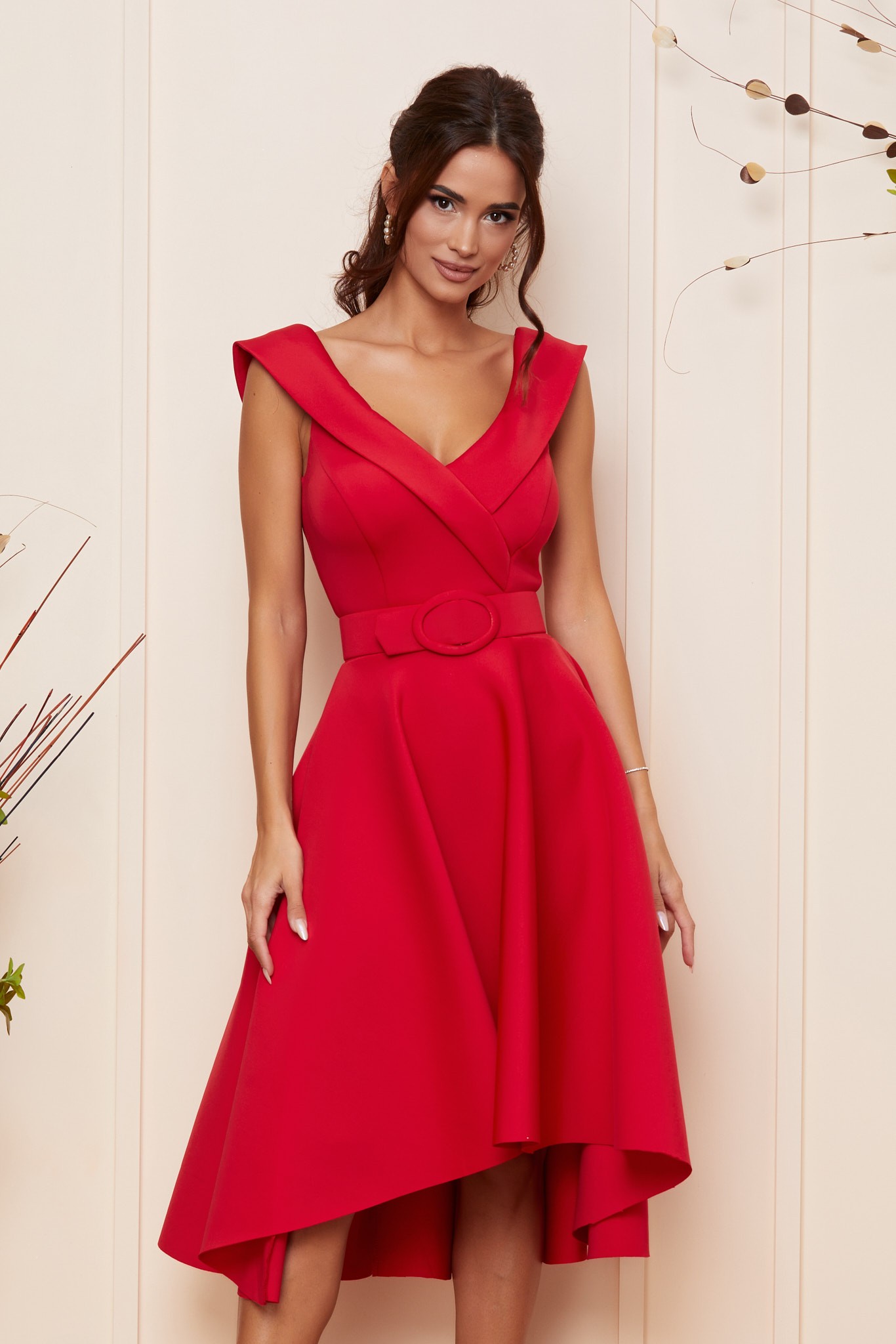 Κόκκινο Μίντι Ασύμμετρο Βραδινό Φόρεμα Patrizia T4539 3