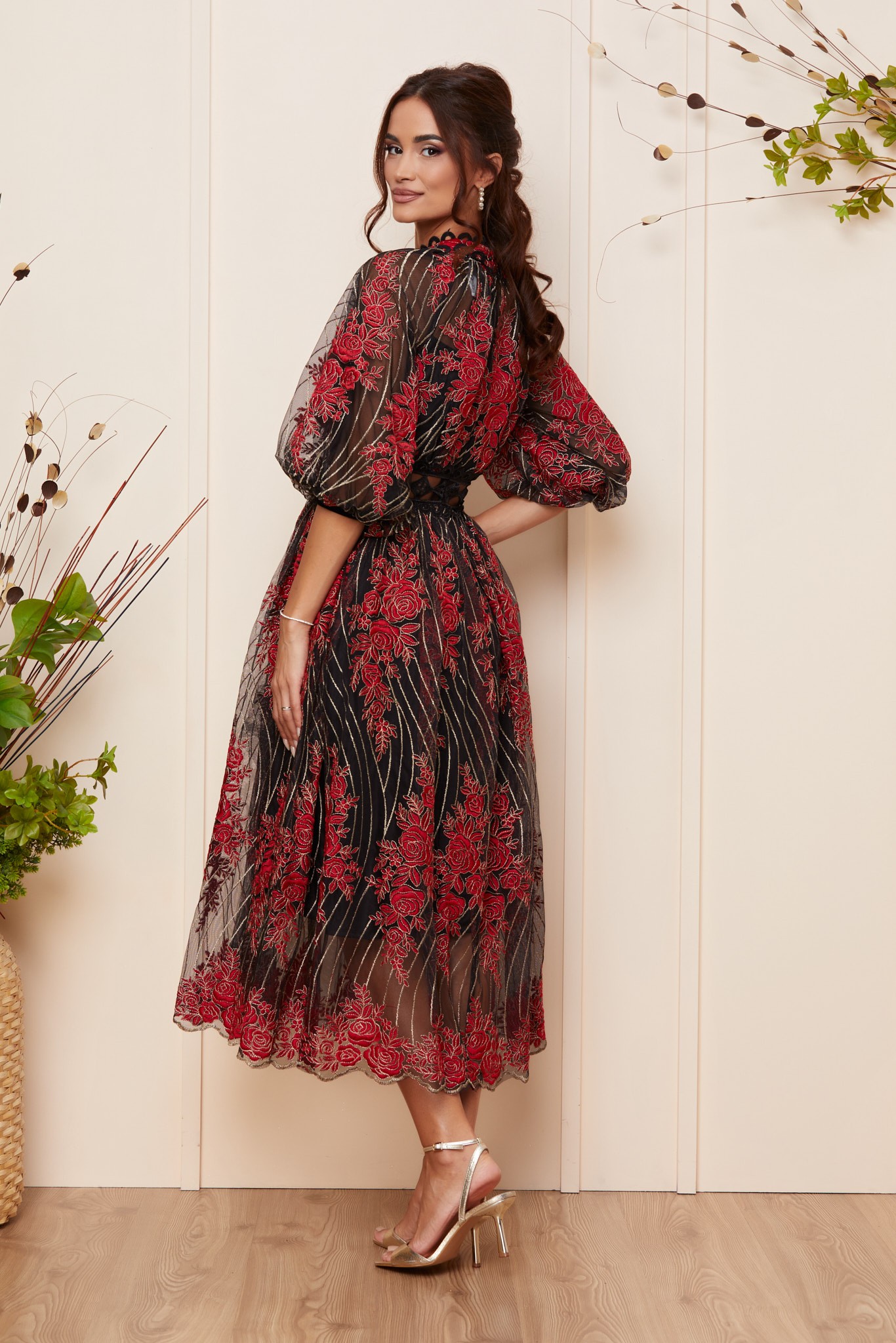 Κόκκινο Μίντι Αμπιγιέ Φόρεμα Με Δαντέλα Mistery T2814 2