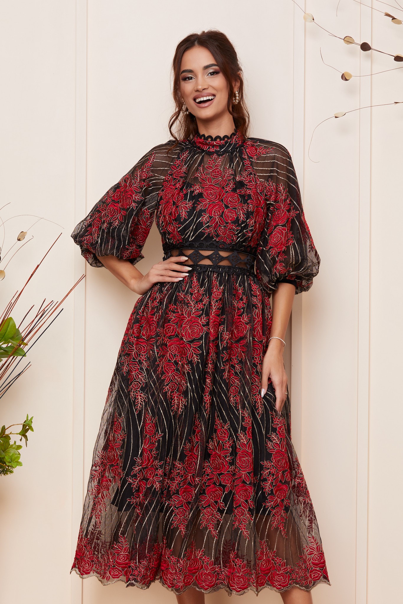 Κόκκινο Μίντι Αμπιγιέ Φόρεμα Με Δαντέλα Mistery T2814 3
