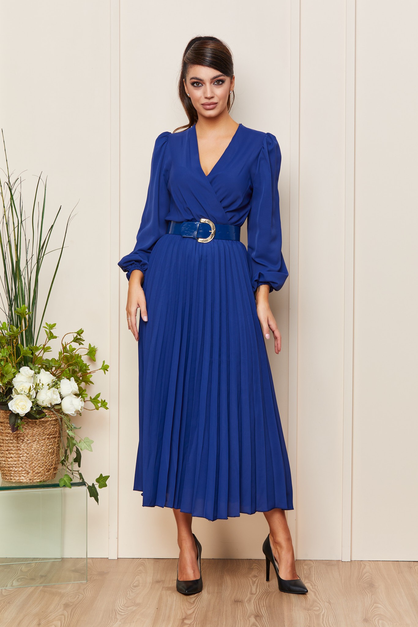 Μπλε Μακρυμάνικο Πλισέ Φόρεμα Malina T4174 1