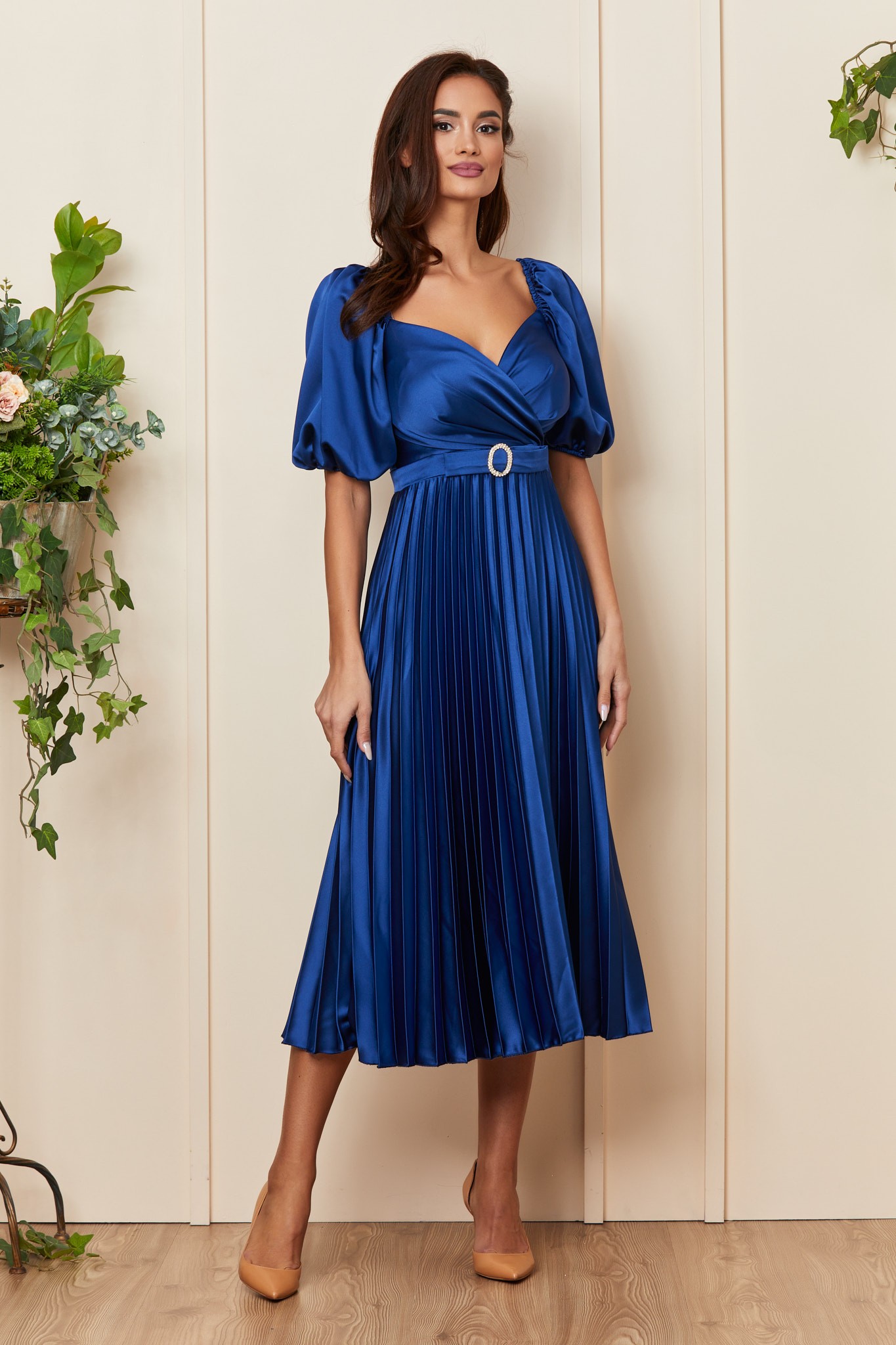 Μπλε Μίντι Σατέν Βραδινό Φόρεμα Melba T4646 1