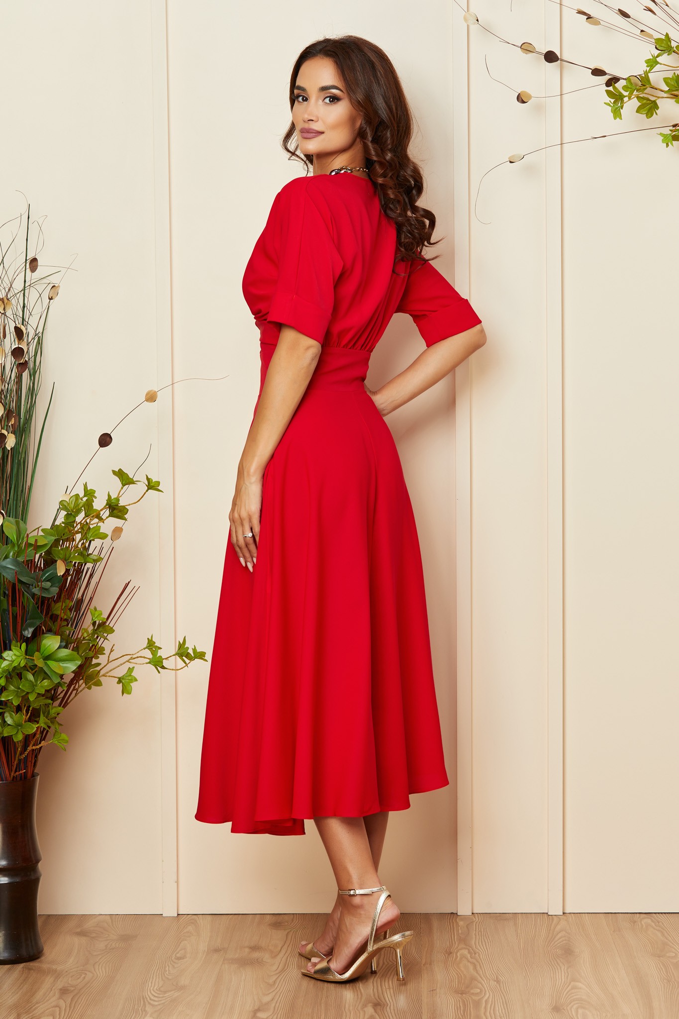 Κόκκινο Μίντι Κοντομάνικο Φόρεμα Με Κολιέ Mara T4515 2