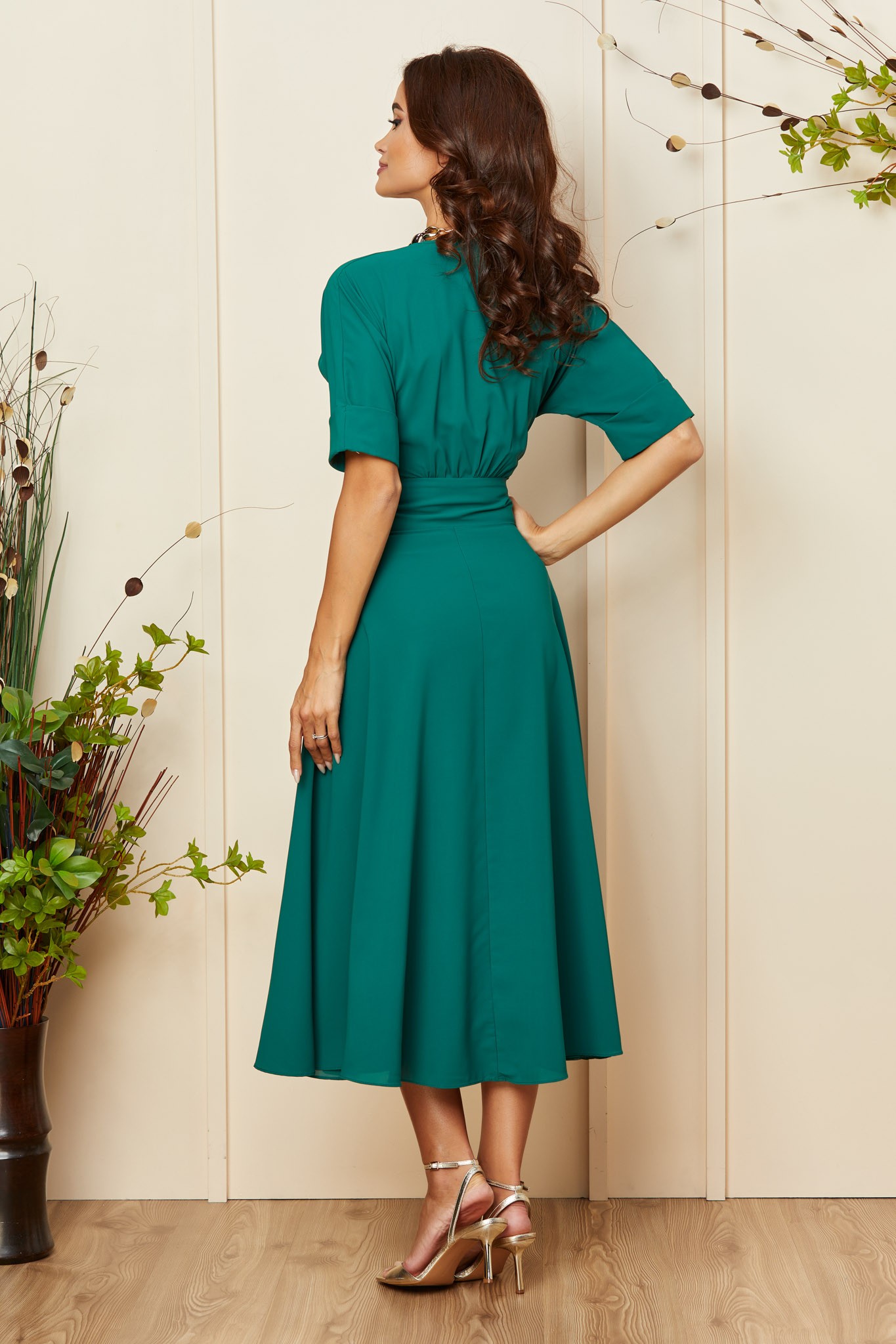 Πράσινο Μίντι Κοντομάνικο Φόρεμα Με Κολιέ Mara T4513 2