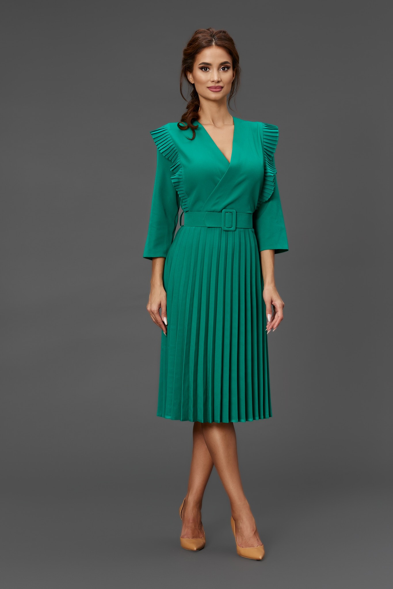 Πράσινο Πλισέ Μίντι Κρουαζέ Φόρεμα Sabine T4730 4