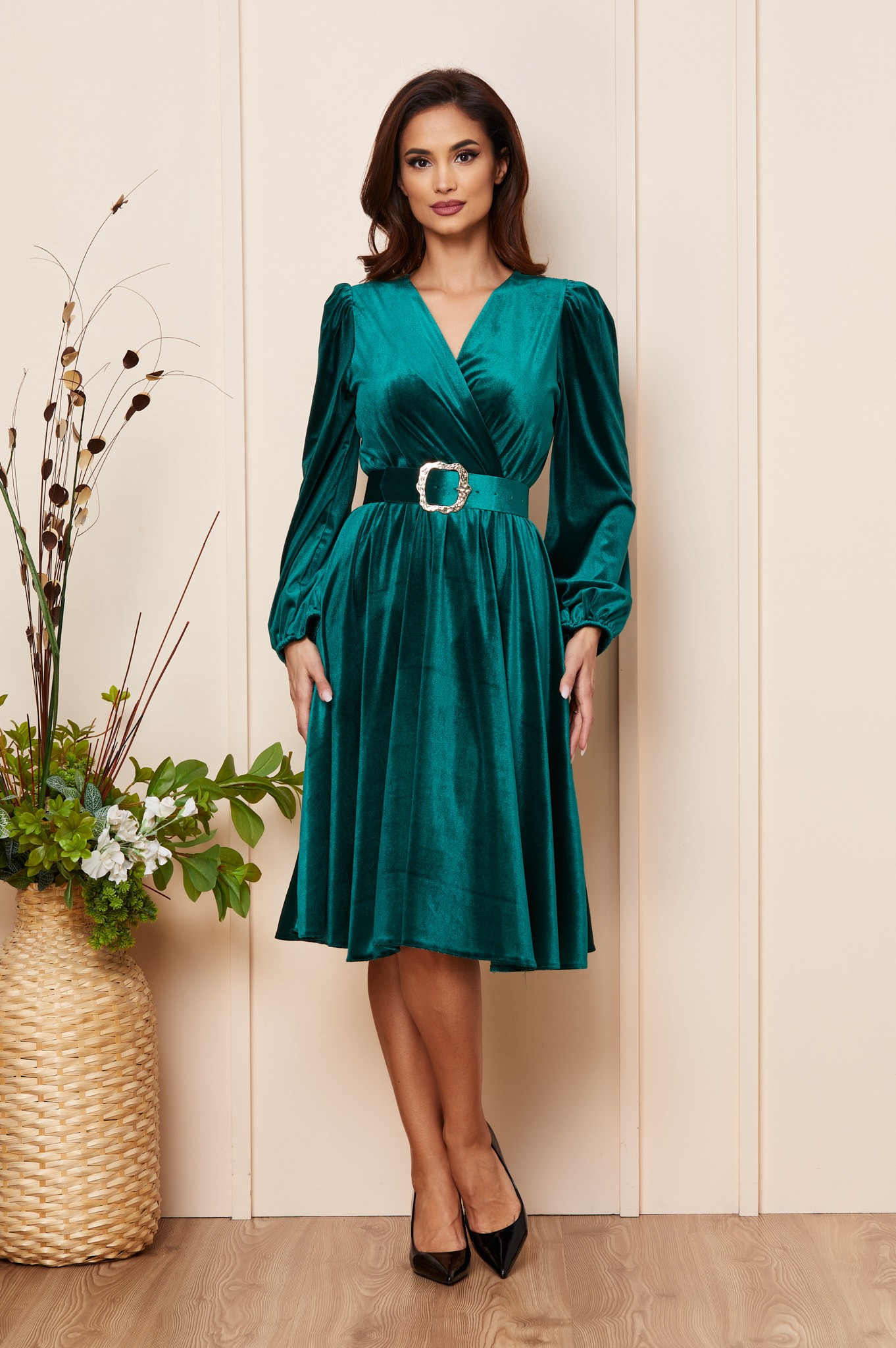 Πράσινο Μίντι Φόρεμα Από Βελούδο Judy T4892 1