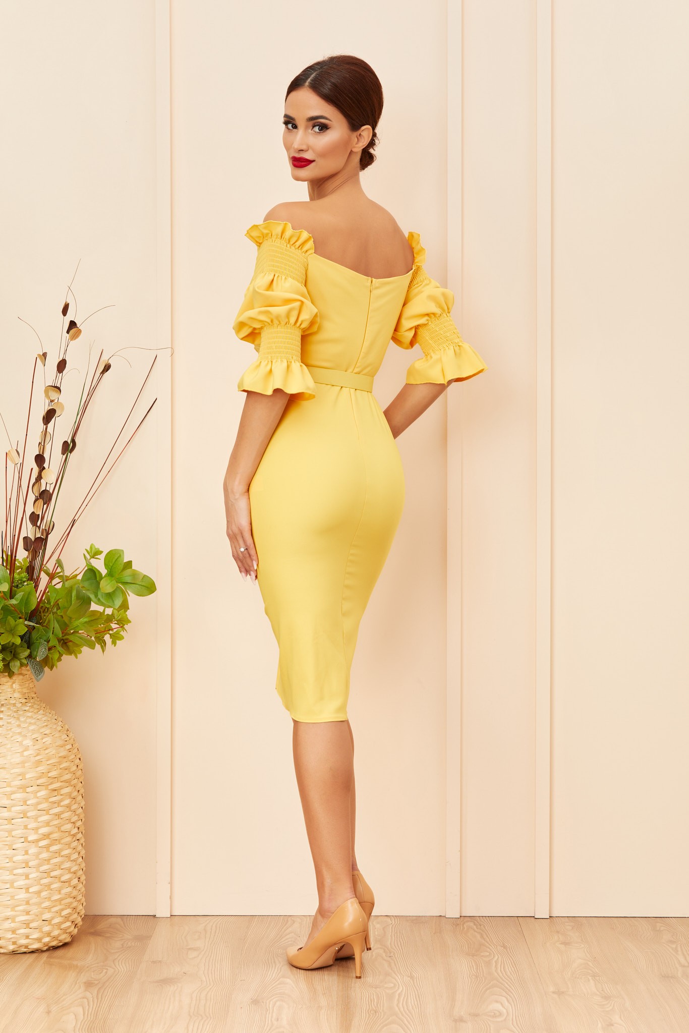 Κίτρινο Μίντι Κρουαζέ Βραδινό Φόρεμα Minola T4793 2