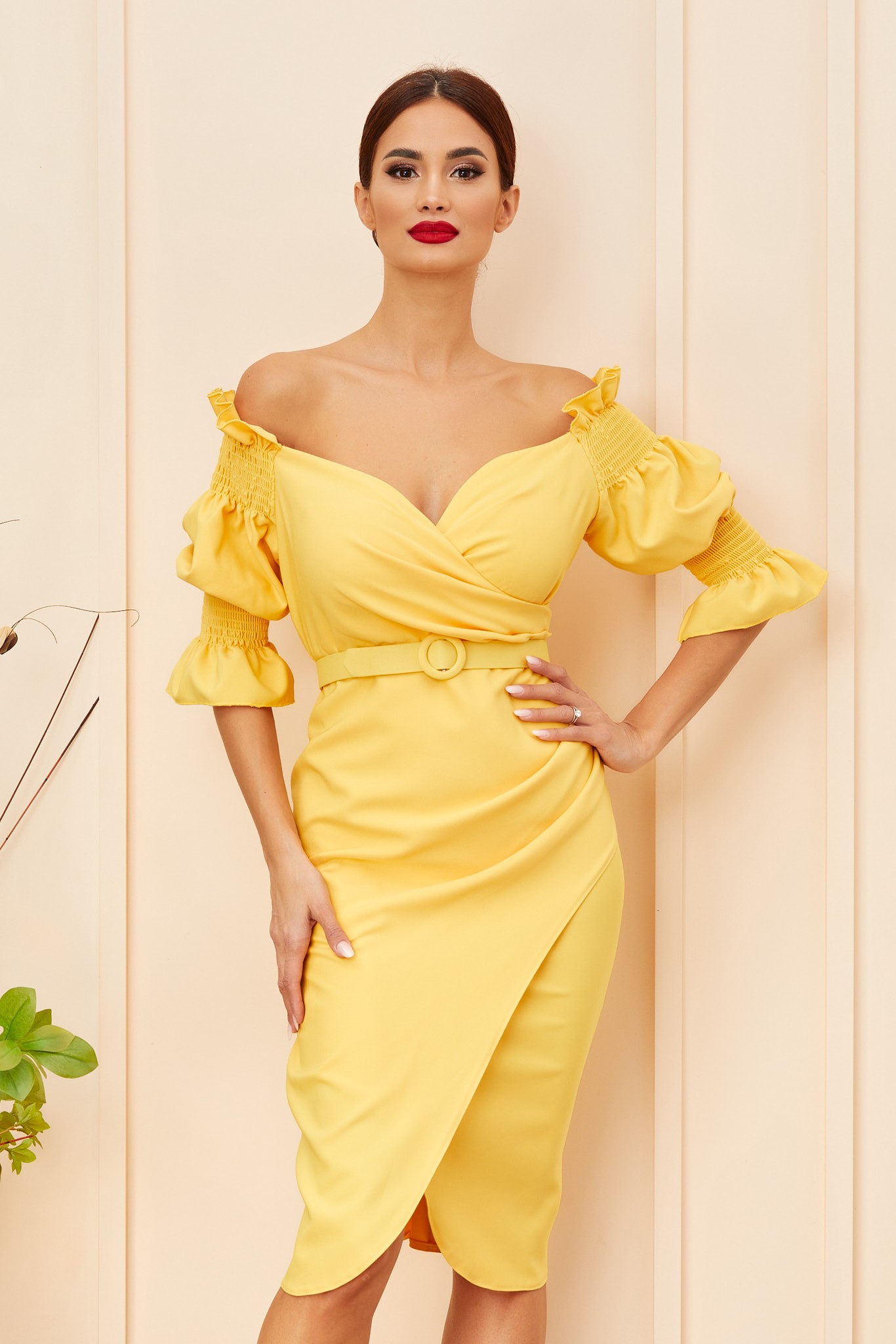 Κίτρινο Μίντι Κρουαζέ Βραδινό Φόρεμα Minola T4793 3