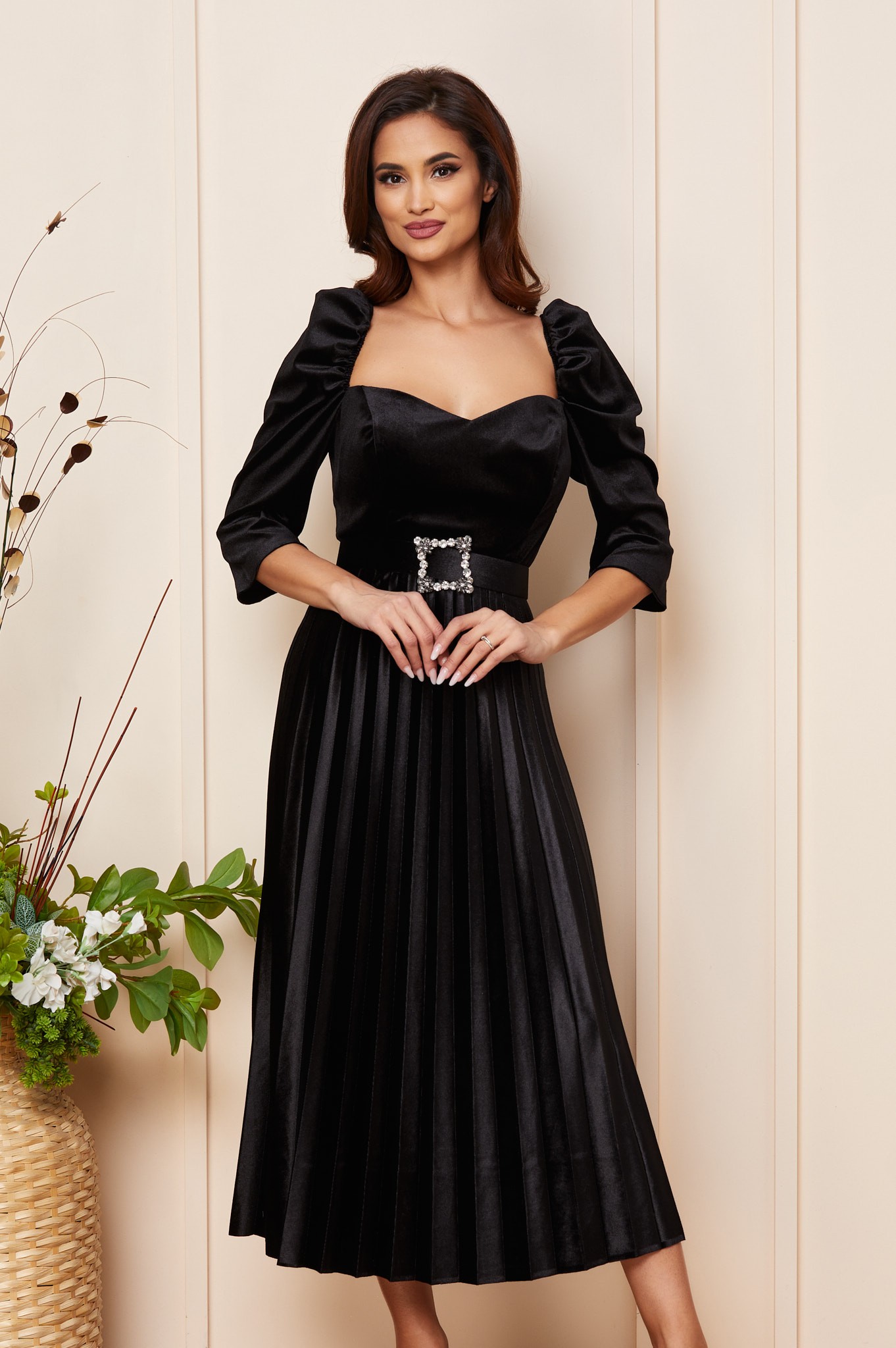 Μαύρο Μίντι Πλισέ Αμπιγιέ Φόρεμα Margarett T4893 4