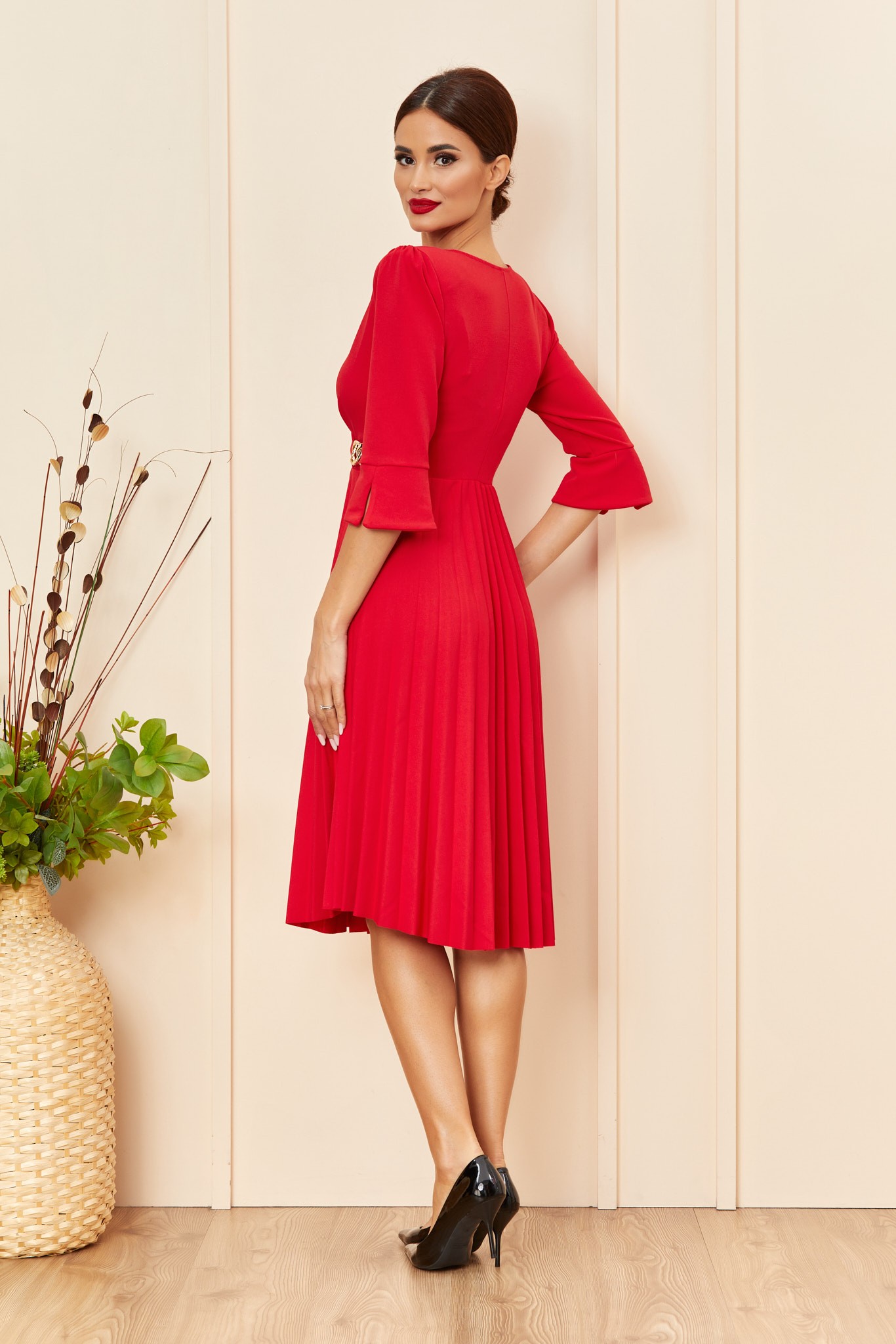 Κόκκινο Μίντι Κρουαζέ Πλισέ Φόρεμα Maisy T954 2