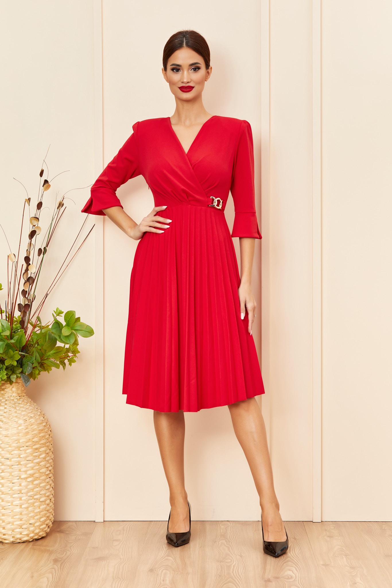 Κόκκινο Μίντι Κρουαζέ Πλισέ Φόρεμα Maisy T954 1