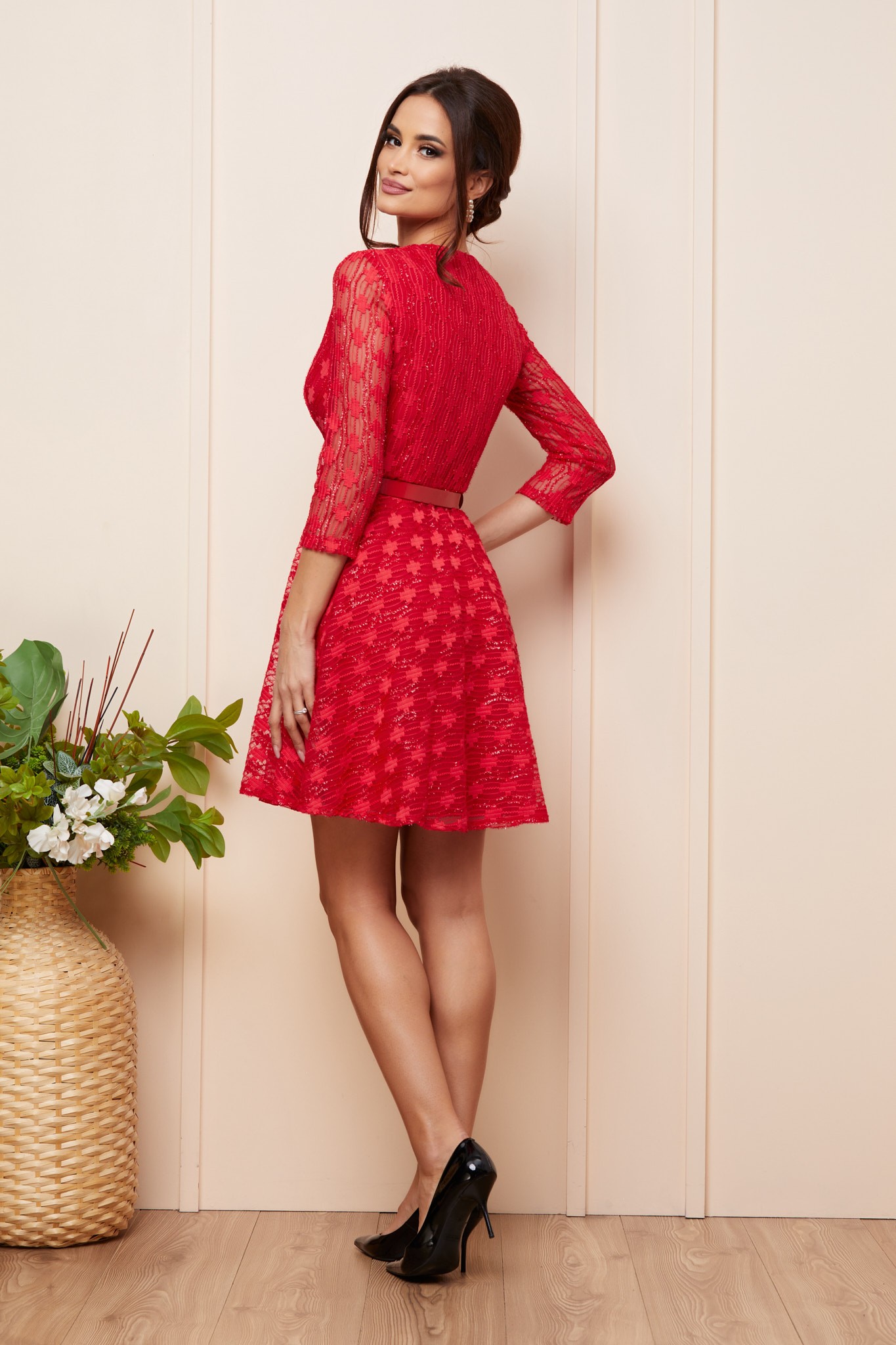 Κόκκινο Μίνι Βραδινό Φόρεμα Από Δαντέλα Yustina T5071 2