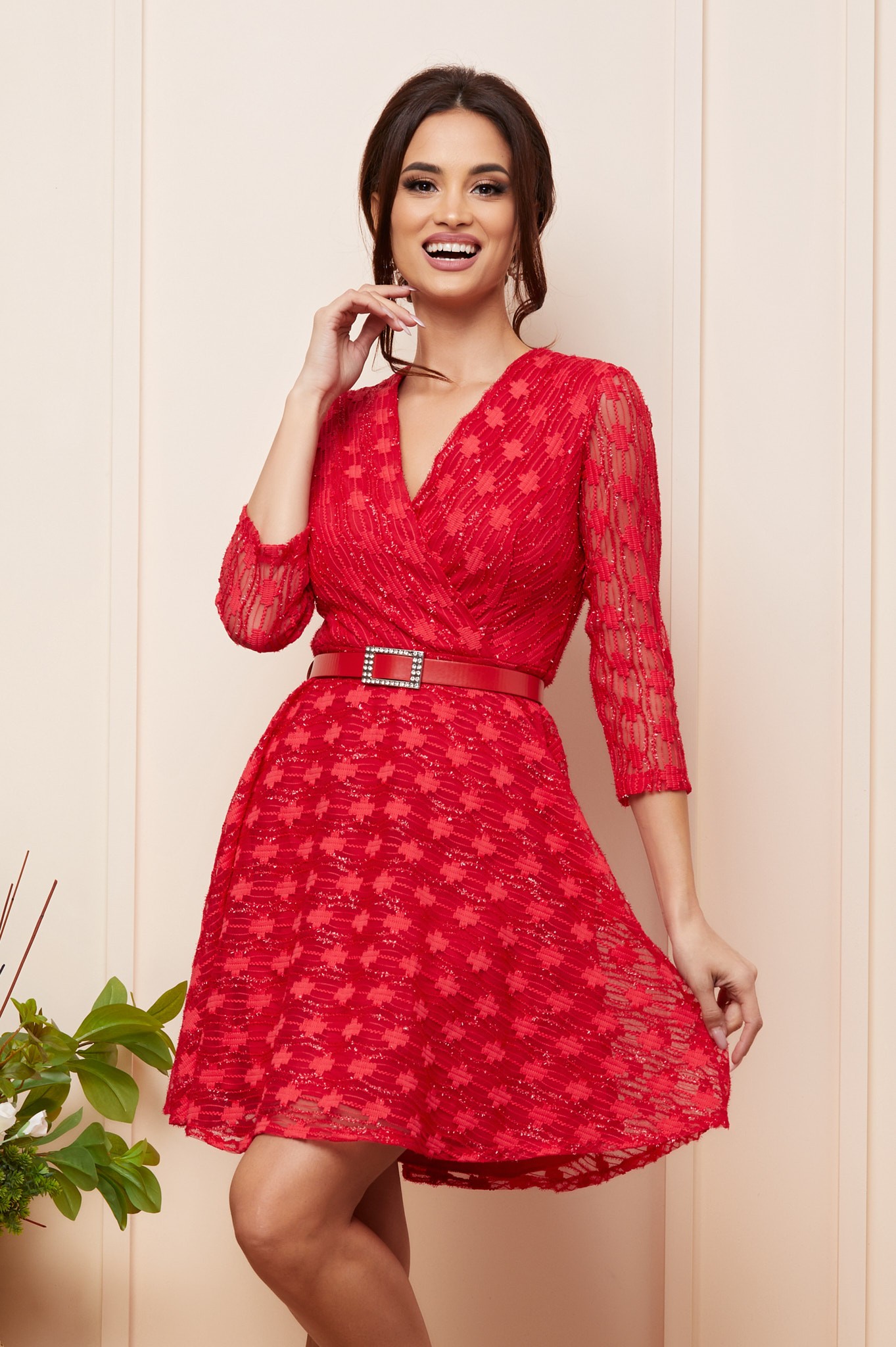 Κόκκινο Μίνι Βραδινό Φόρεμα Από Δαντέλα Yustina T5071 3