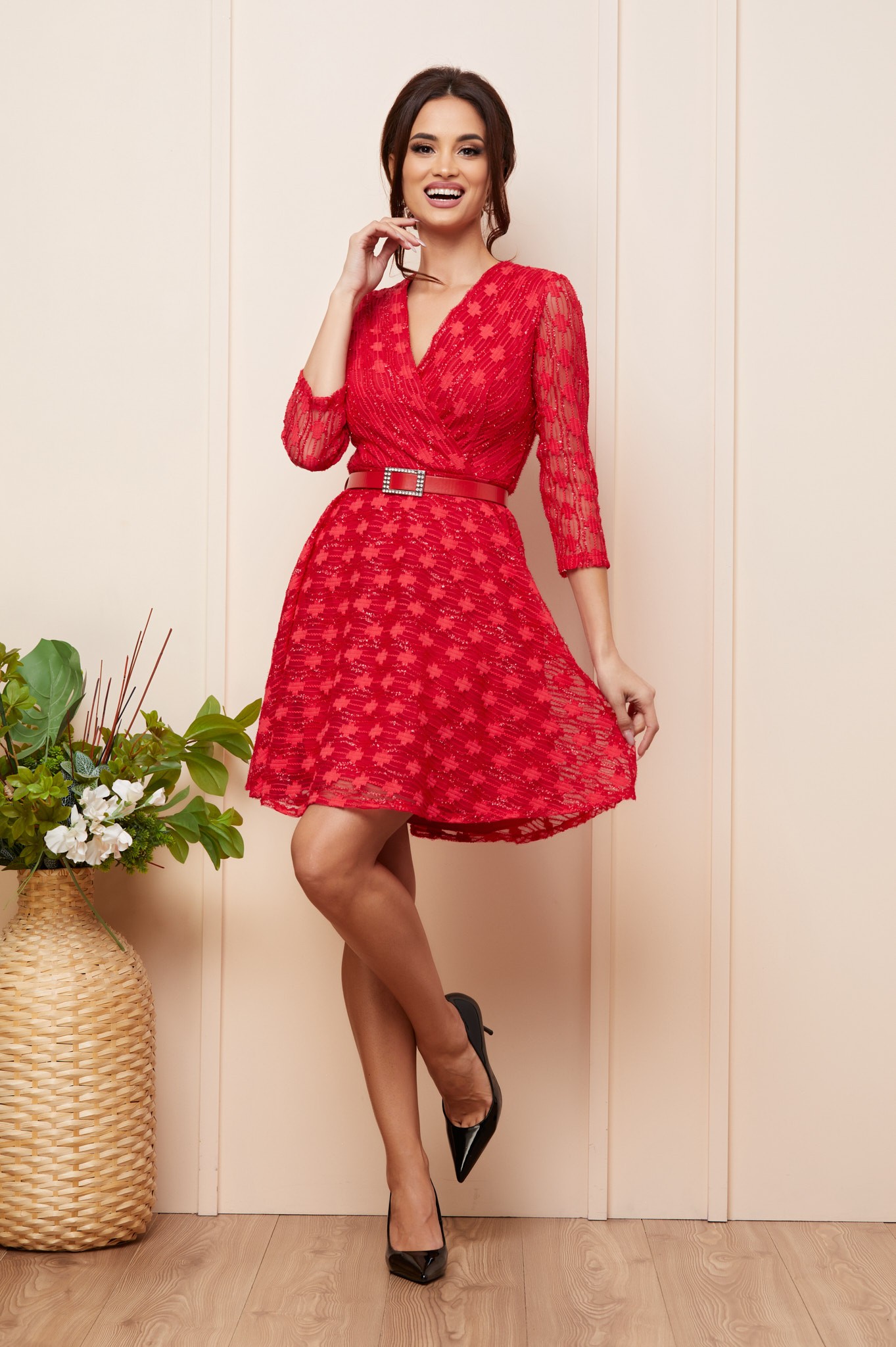 Κόκκινο Μίνι Βραδινό Φόρεμα Από Δαντέλα Yustina T5071 1