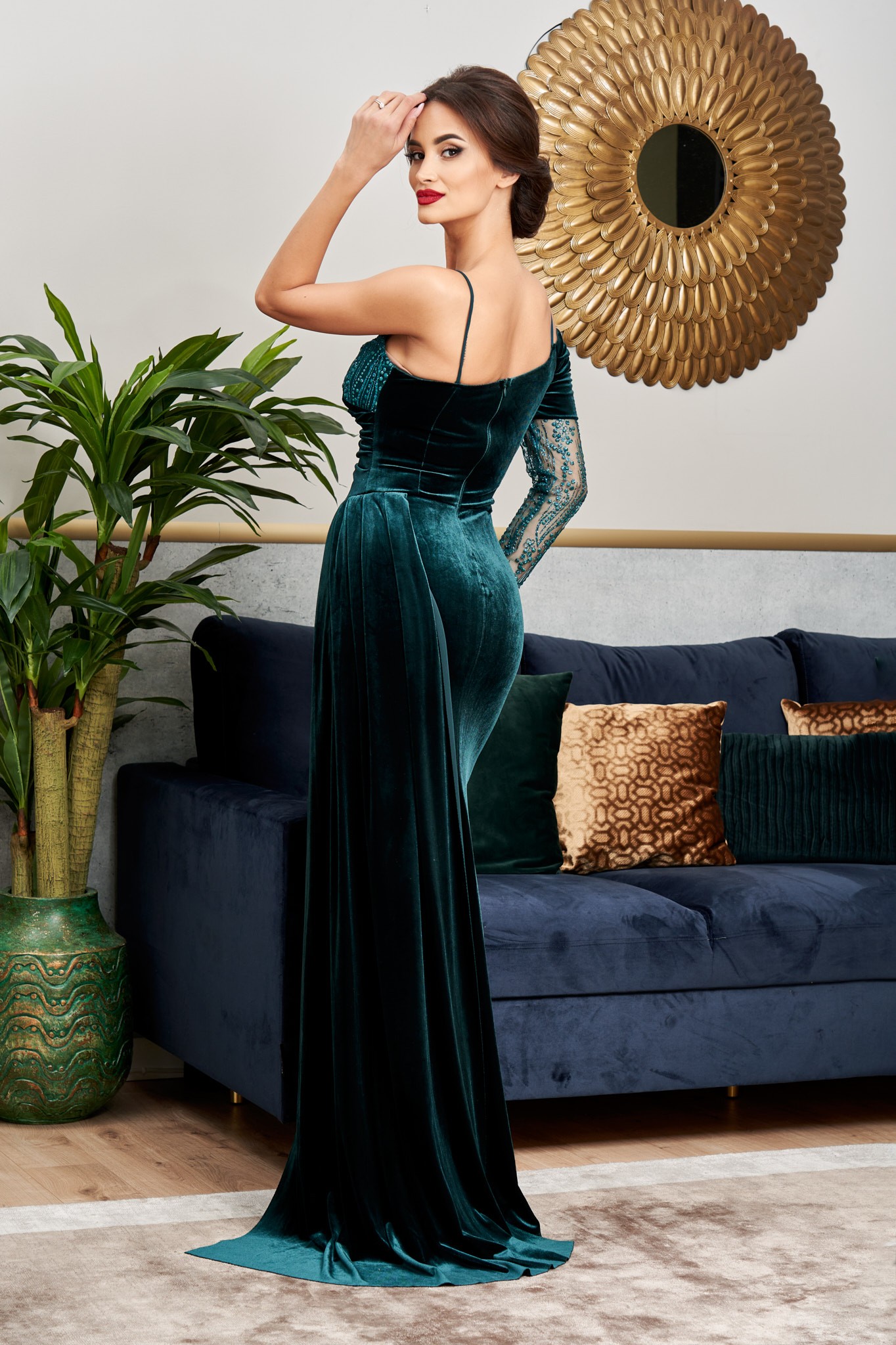 Πράσινο Μάξι Αμπιγιέ Ντραπέ Φόρεμα Από Βελούδο Flavour T4629 2