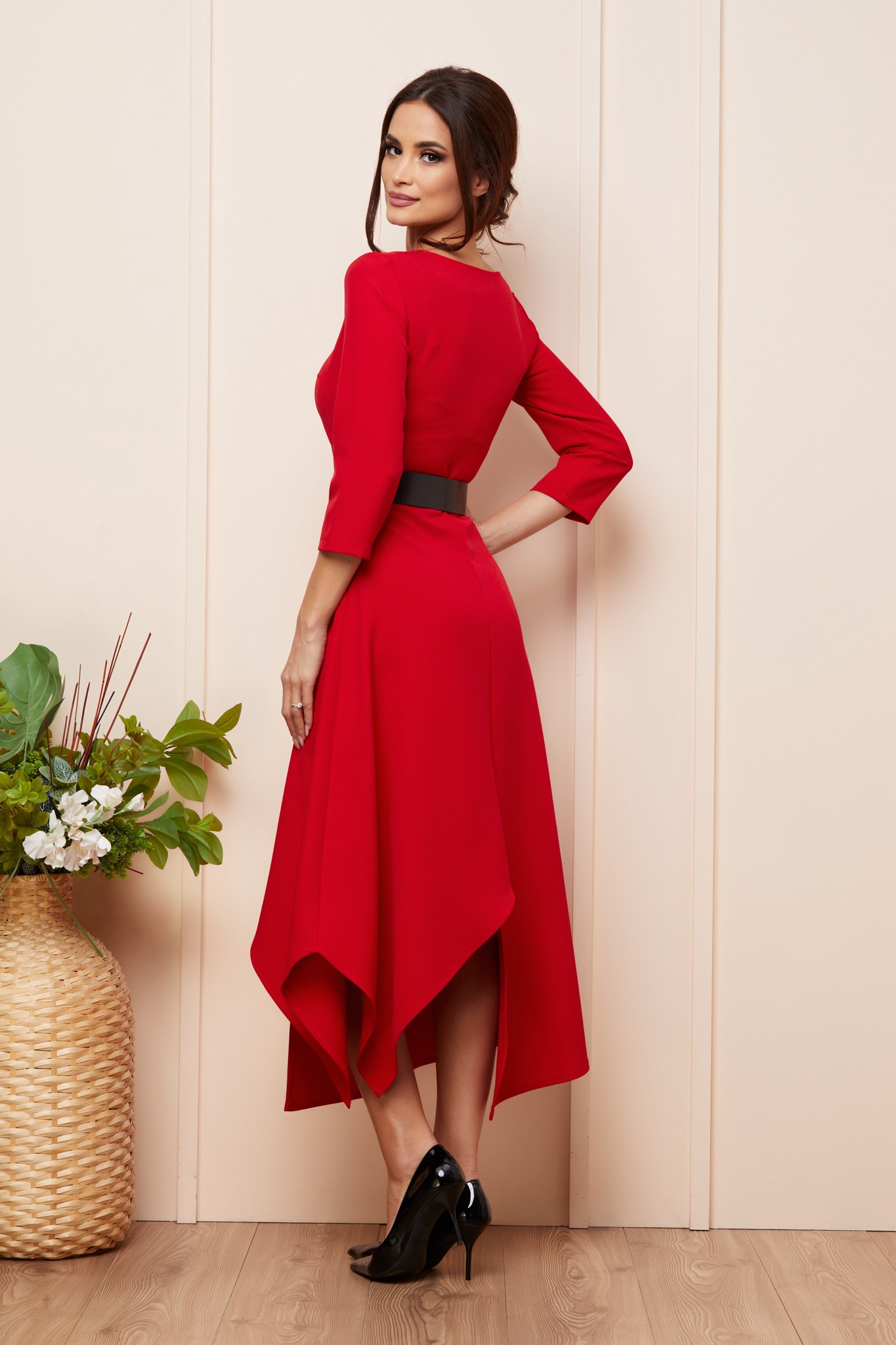 Κόκκινο Ασύμμετρο Φόρεμα Με Ζώνη Kalina T5046 2