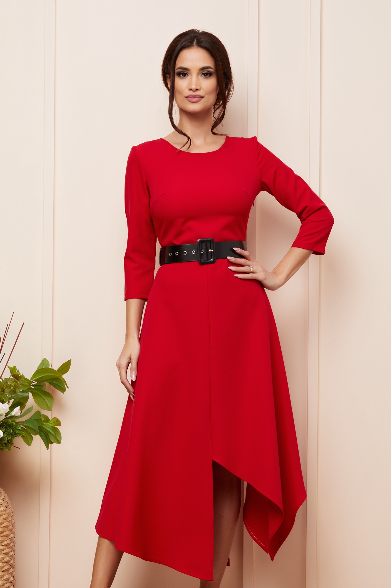 Κόκκινο Ασύμμετρο Φόρεμα Με Ζώνη Kalina T5046 3