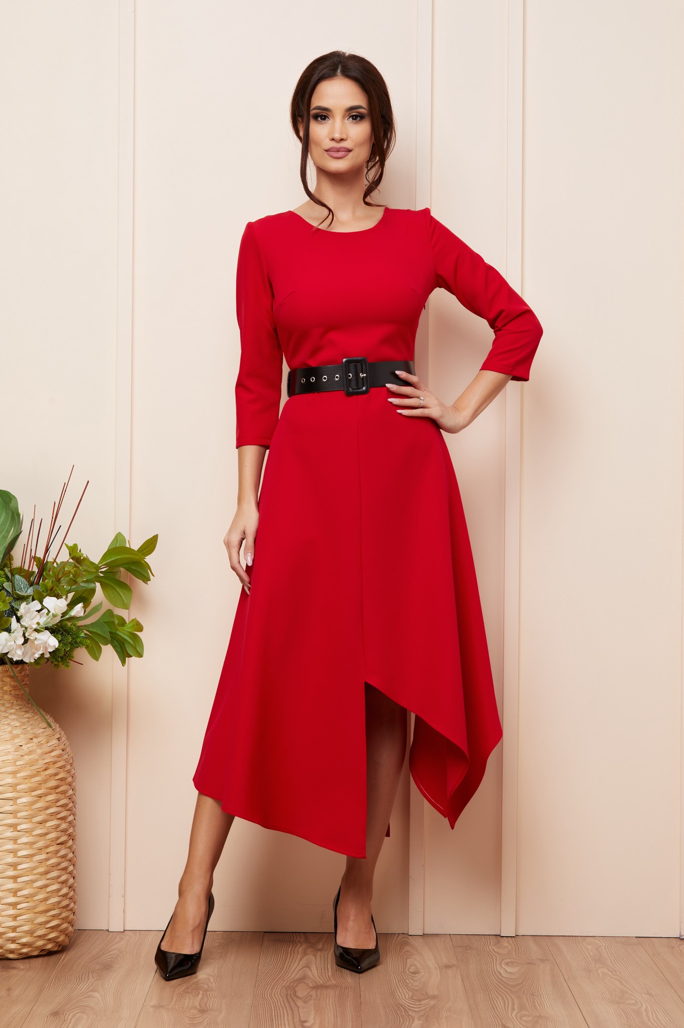Κόκκινο Ασύμμετρο Φόρεμα Με Ζώνη Kalina T5046 1