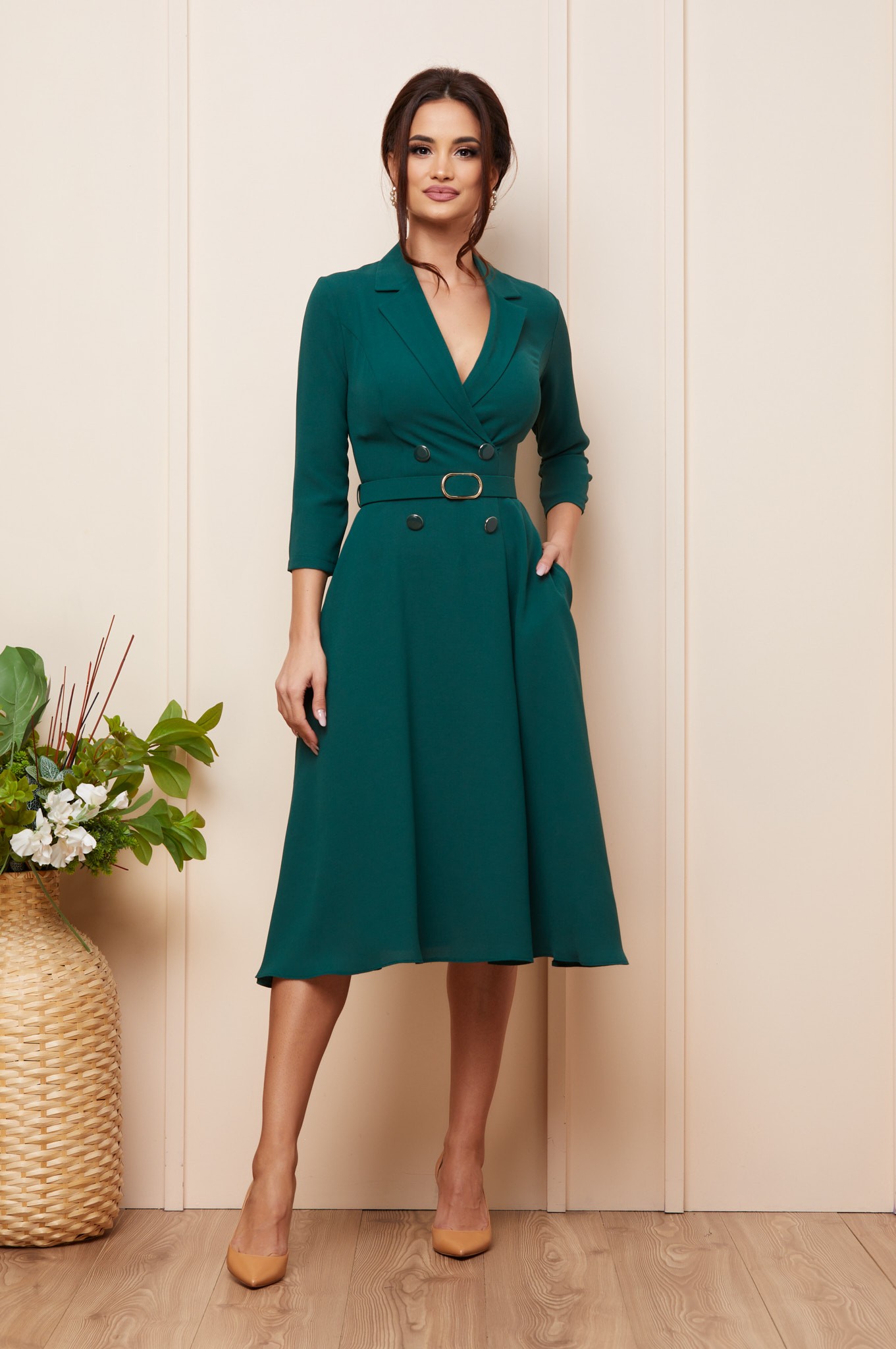 Πράσινο Μίντι Κρουαζέ Φόρεμα Με Κουμπιά Marbella T5047 1