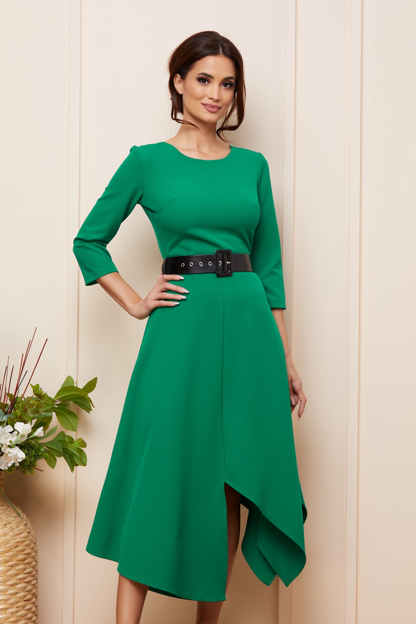 Πράσινο Ασύμμετρο Φόρεμα Με Ζώνη Kalina T5043 3