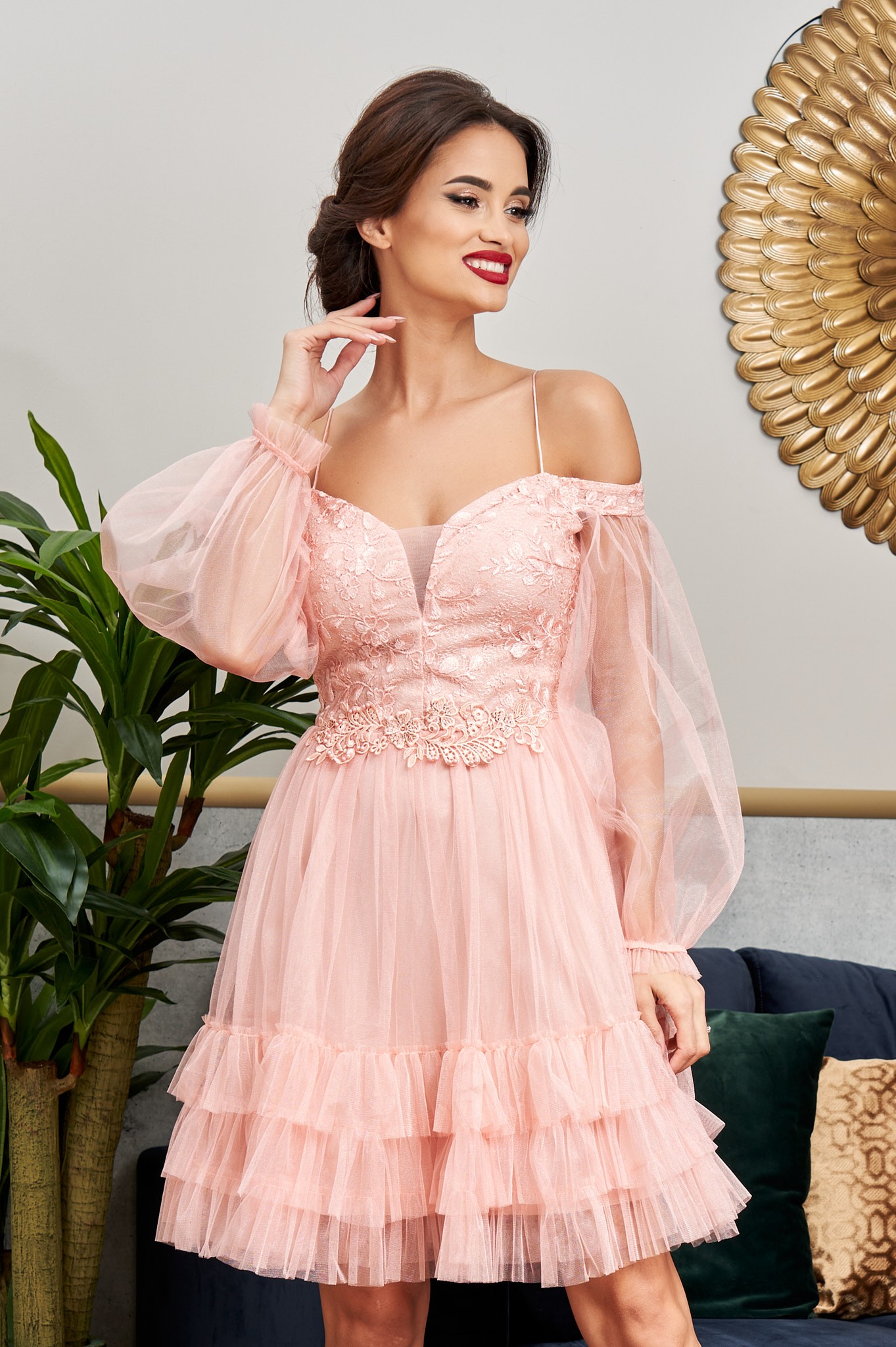 Ροδακινί Φόρεμα Με Δαντέλα Emanuelle B592 3